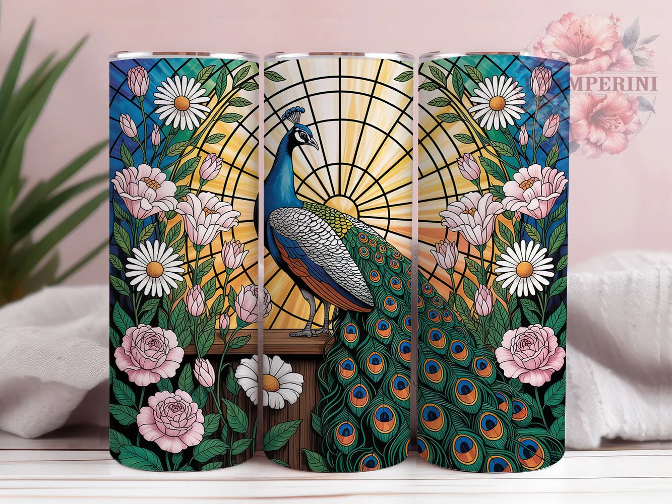 Stained Glass Peacock Tumbler, Vibrant Peacock Tumbler, Colorful Floral Wrap, Whimsical Peacock Wrap, Artistic Glass Effect Wrap, Sublimation Design, Trendy Gift Idea