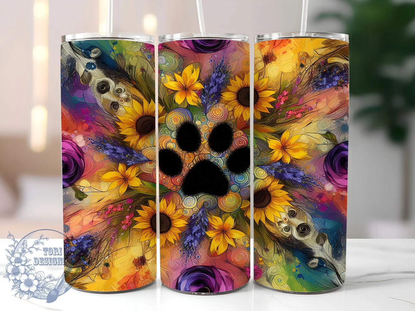 Stay Pawsitive Sunflower Tumbler, Pet Paw, Sunflower Art, Animal Lover, Positive Message, 20Oz Tumbler, Sublimation Wrap
