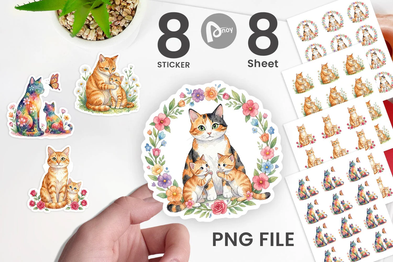 Sticker Watercolor Floral Cat Motherhood Art
