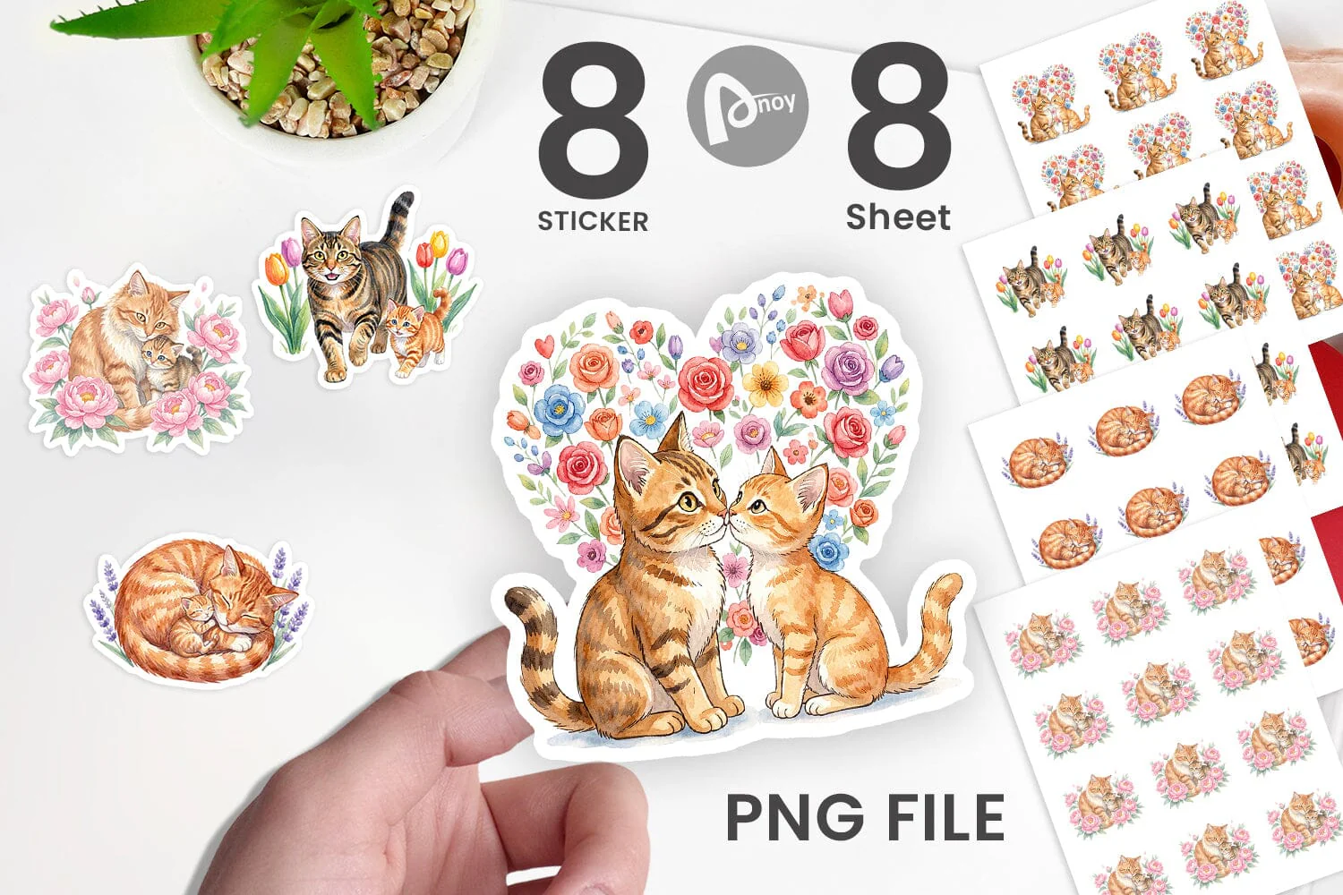 Sticker Watercolor Floral Cat Motherhood Art - Image 2