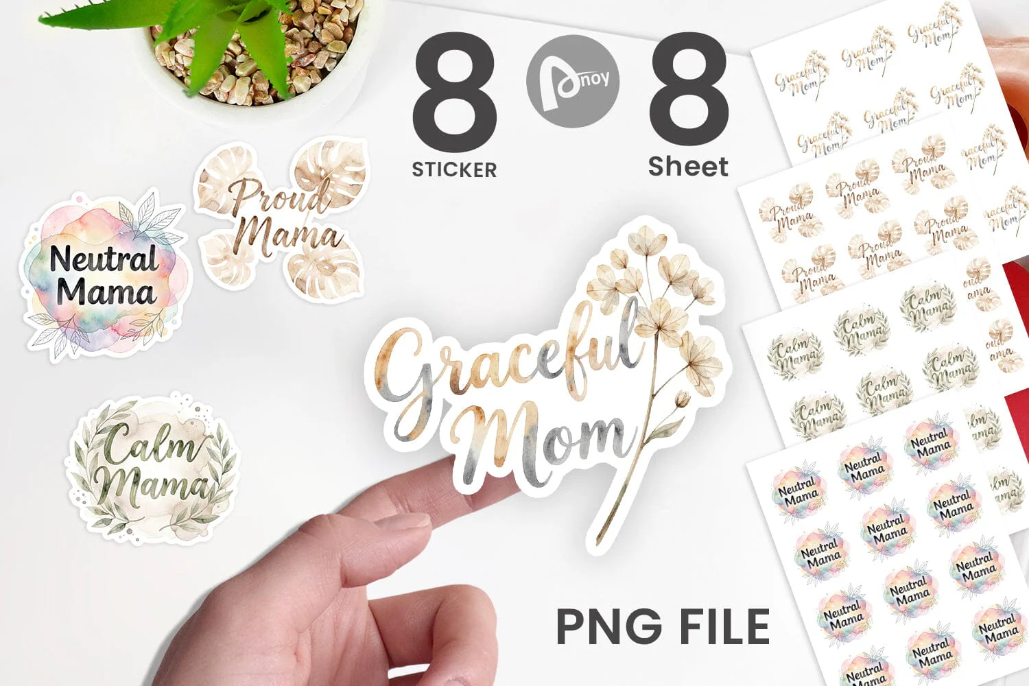 Sticker Watercolor Neutral Boho Botanical Mama Quotes