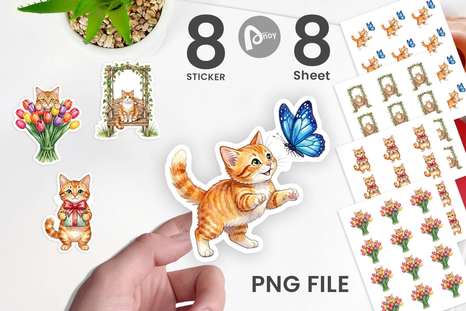 Sticker Watercolor Pastel Garden Cat Celebration