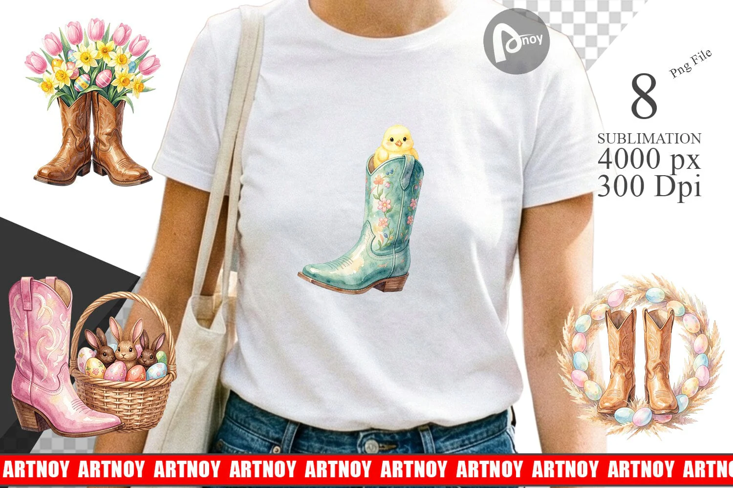 Sublimation Watercolor Western Easter Cowboy Boots - Image 2