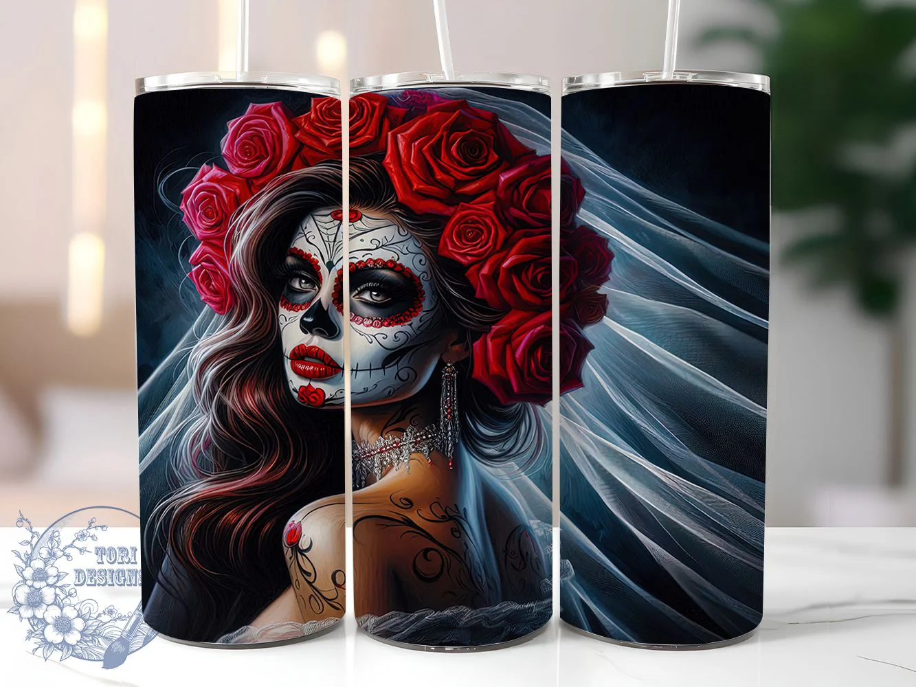 Sugar Skull Bride Tumbler, Bride Theme, Day Of The Dead, Floral Motif, Mystical Art, 20Oz Tumbler, Sublimation Wrap