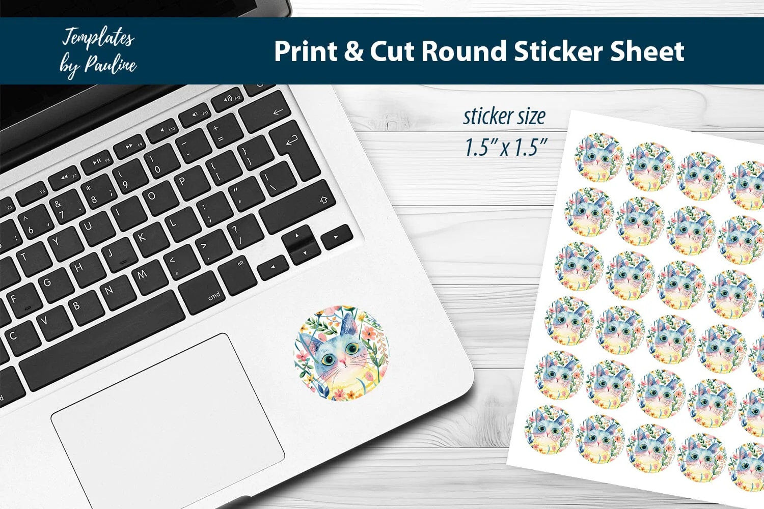 Summer Cat Round Sticker Sheet, Cute Cat Digital Sticker - Image 3