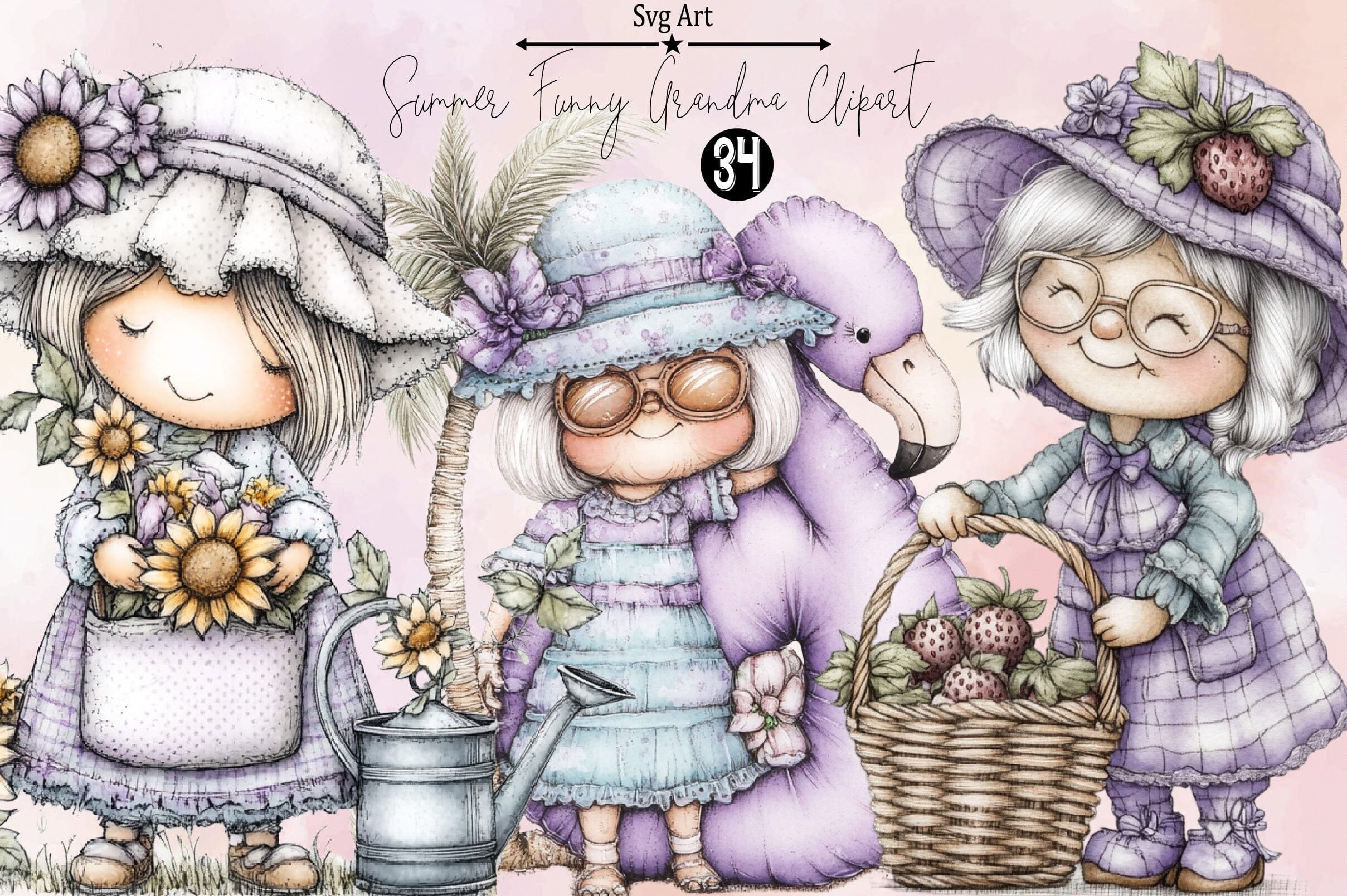 Summer Funny Grandma Clipart Bundle.