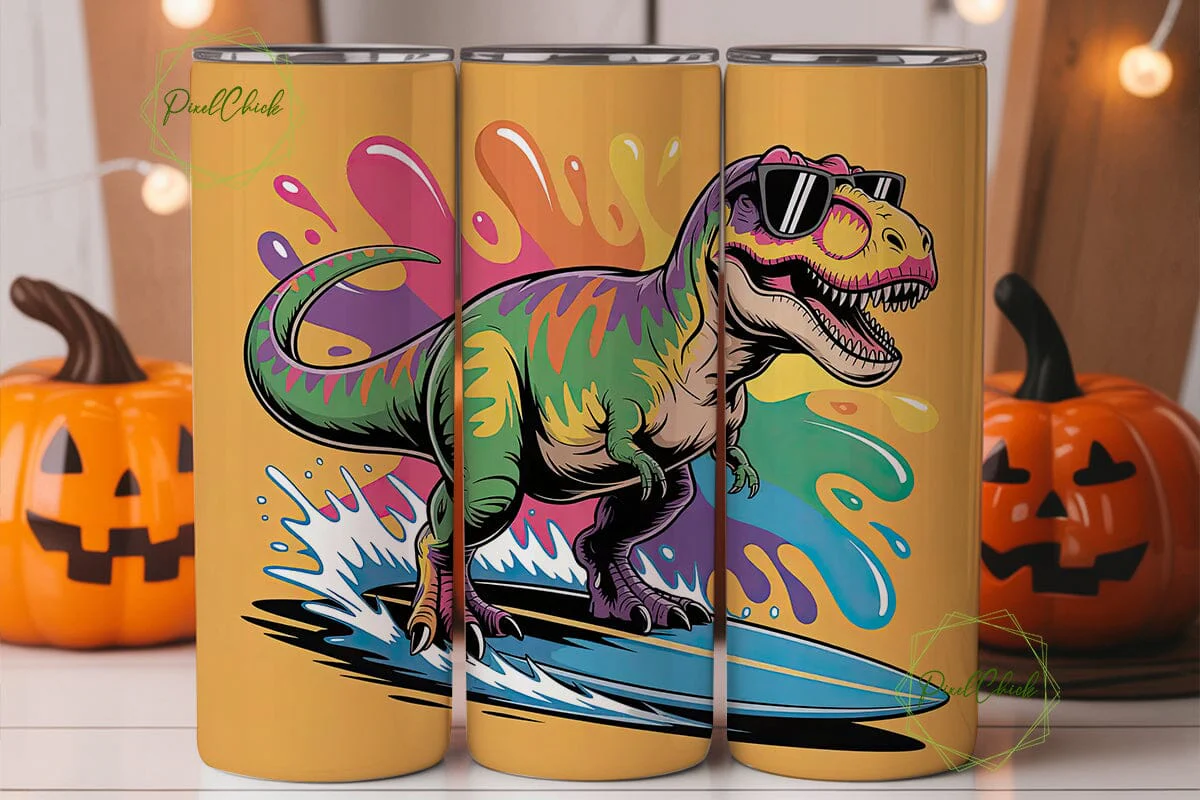 Surfing Dinosaur 20oz Tumbler Wrap - Image 2