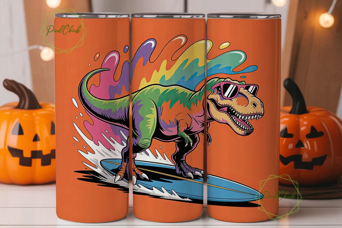 Surfing Dinosaur 20oz Tumbler Wrap - Image 2