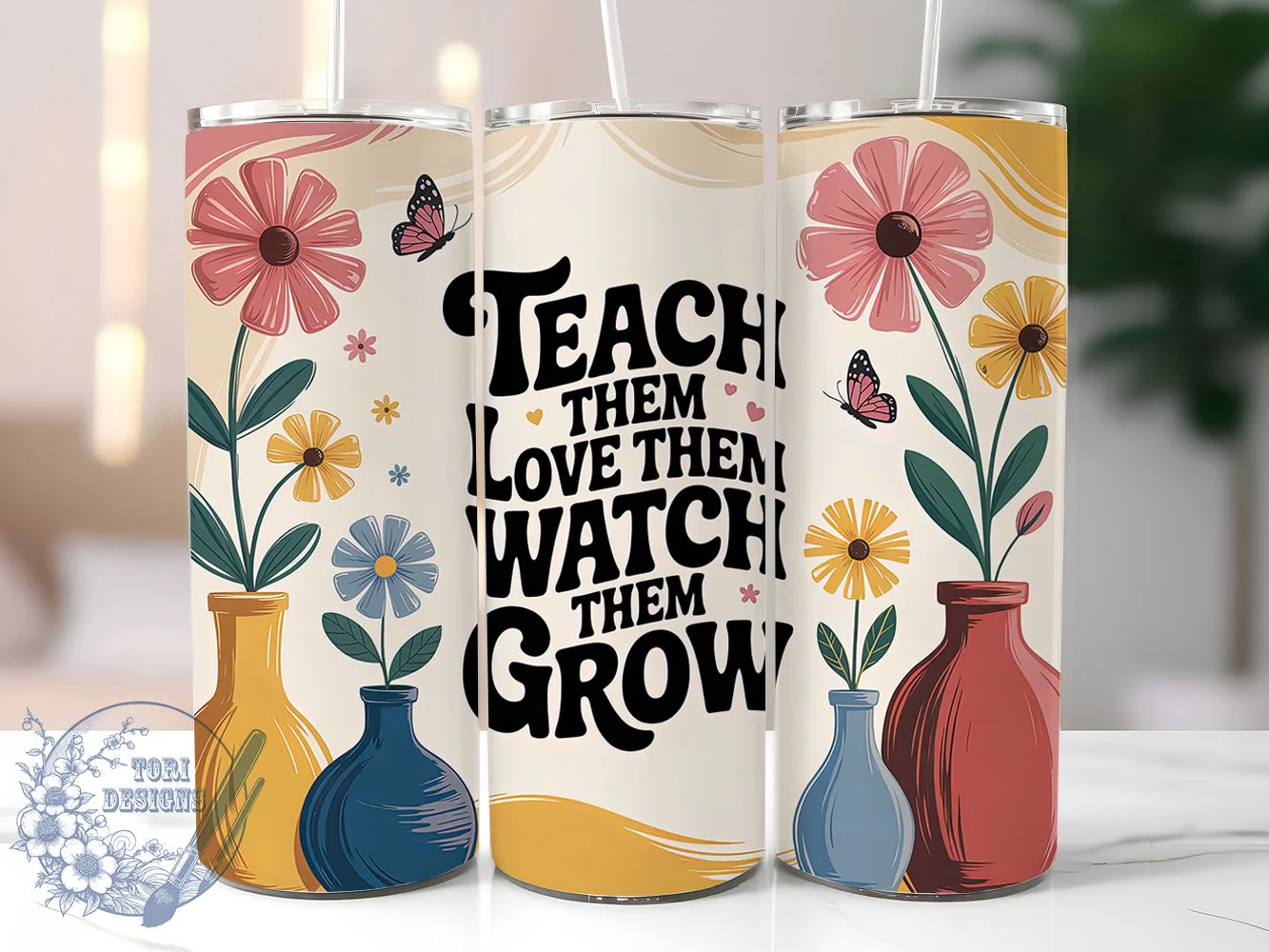 Teach Love Grow Floral Tumbler, Floral Theme, Teacher Appreciation, Classroom Pride, Blooming Design, 20Oz Tumbler, Sublimation Wrap
