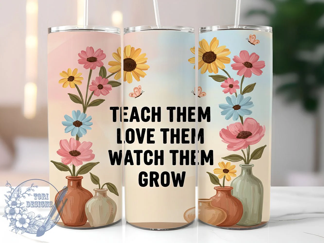 Teach Love Grow Floral Tumbler, Floral Theme, Teacher Appreciation, Classroom Pride, Blooming Design, 20Oz Tumbler, Sublimation Wrap