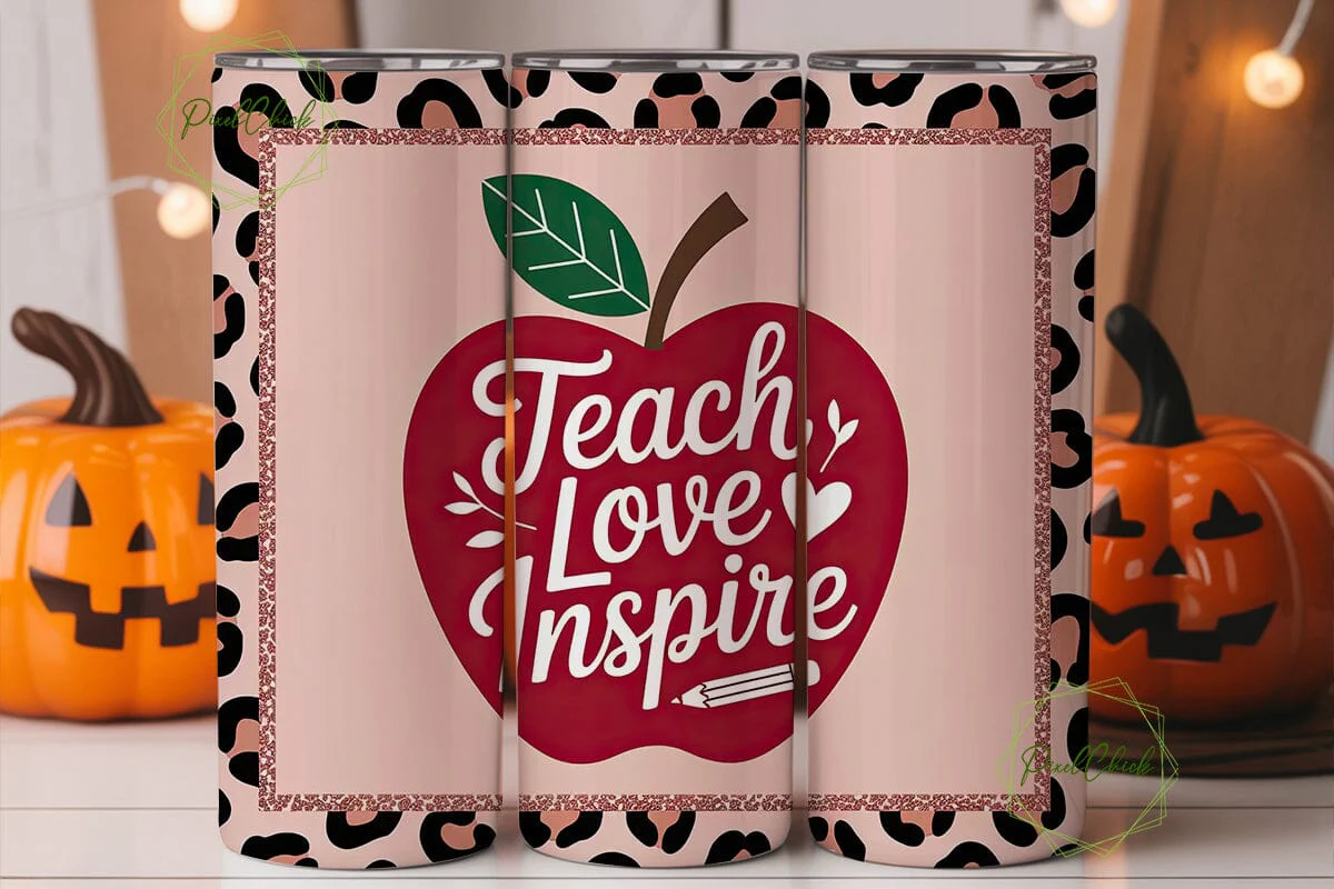 Teacher Apple Leopard 20oz Tumbler Wrap - Image 3