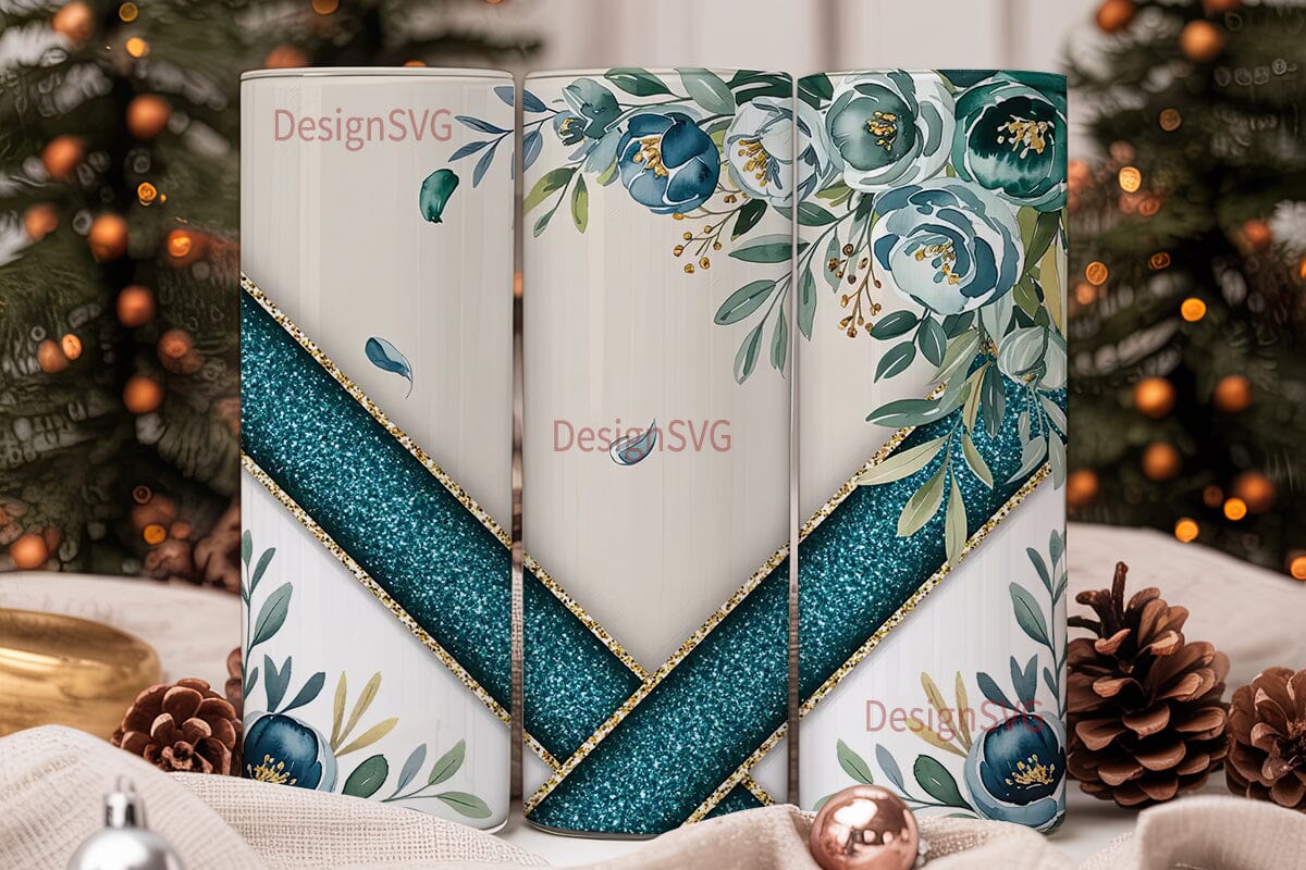 Teal Floral Glitter 20oz Tumbler Wrap - Image 2