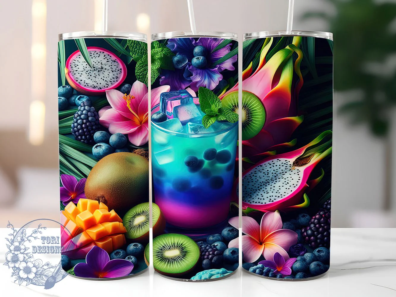 Tropical Fruit Drink Tumbler, Exotic Fruit Theme, Blue & Purple Fruits Wrap, Vibrant Summer Design, Seamless Artistic Motif, Refreshing Beverage Style, Bold Colorful Print, 20Oz Tumbler, Sublimation
