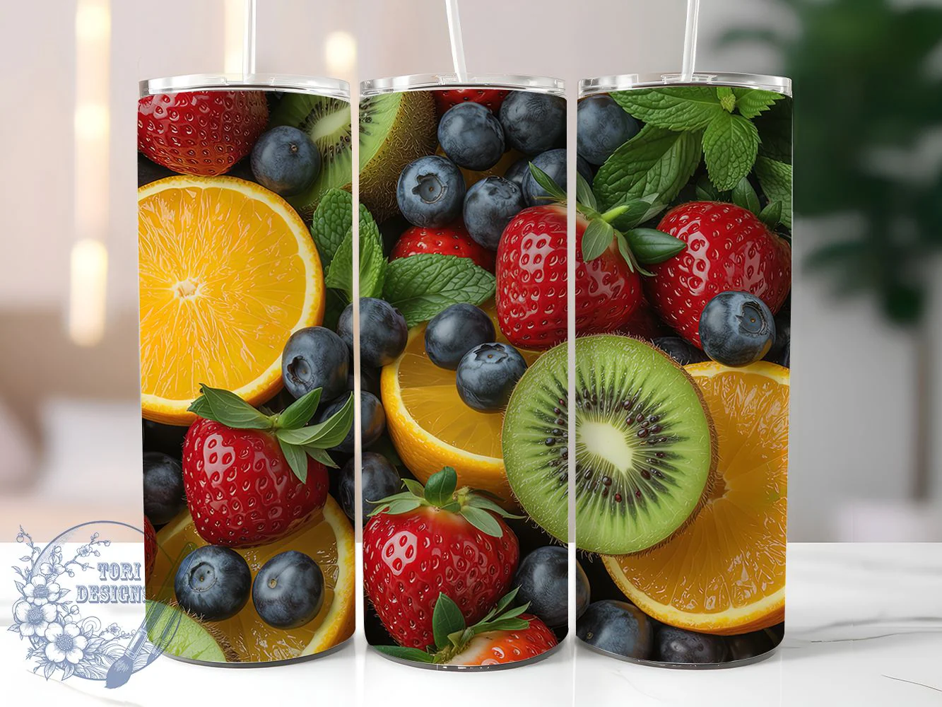 Tropical Mixed Fruit Tumbler, Strawberry Citrus Kiwi Theme, Blueberry Mint Wrap, Vibrant Summer Design, Seamless Artistic Motif, Fresh Botanical Print, Colorful Tropical Style, Refreshing Seasonal Theme,