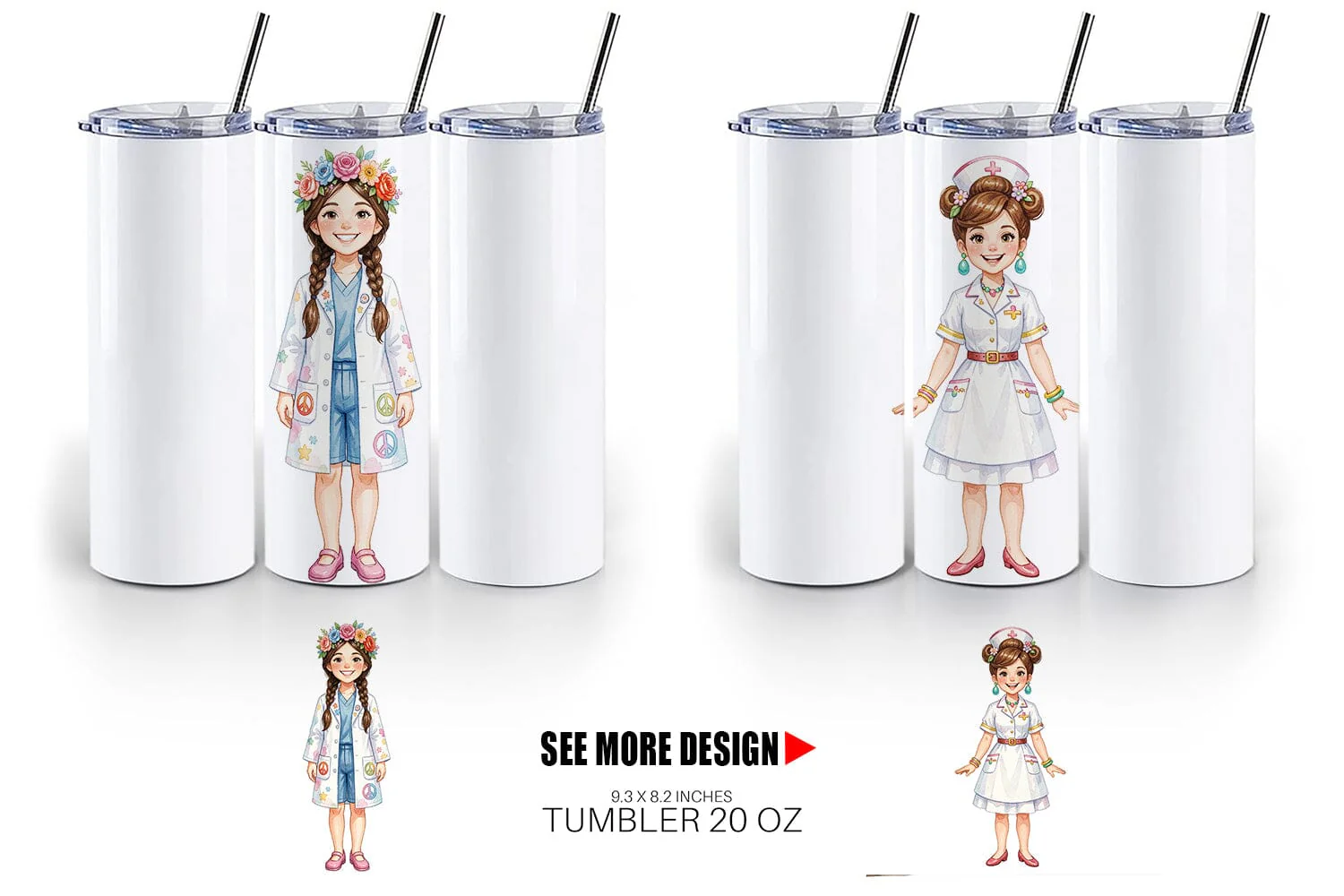 Tumbler Watercolor 70s Retro Nurse Characters - Image 6