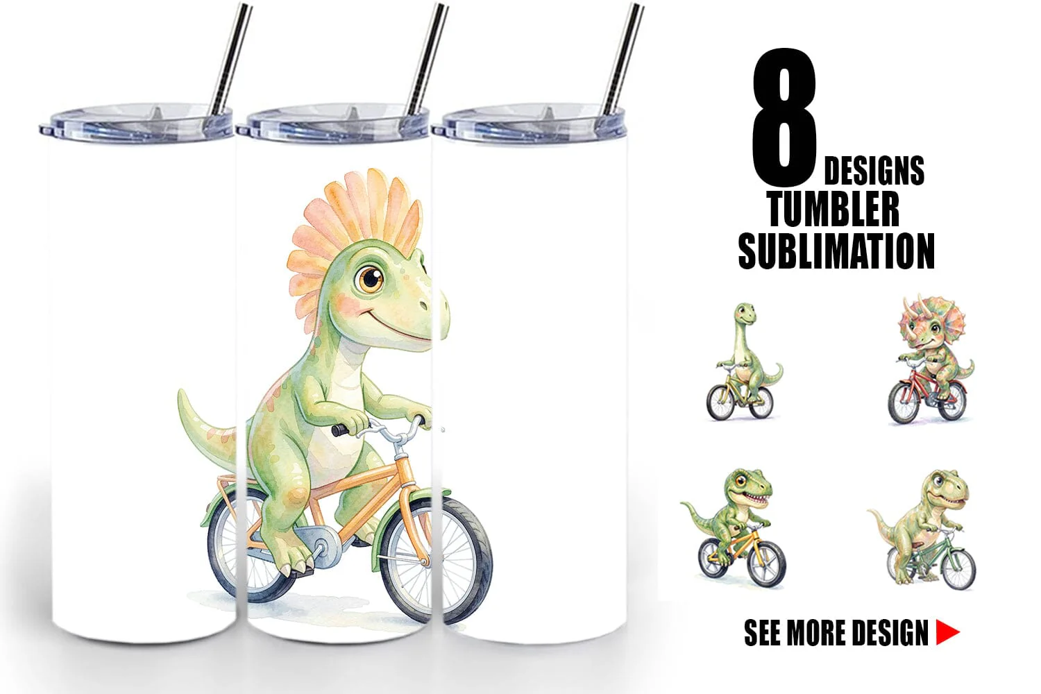 Tumbler Watercolor Big Eye Dinosaur Biking Art