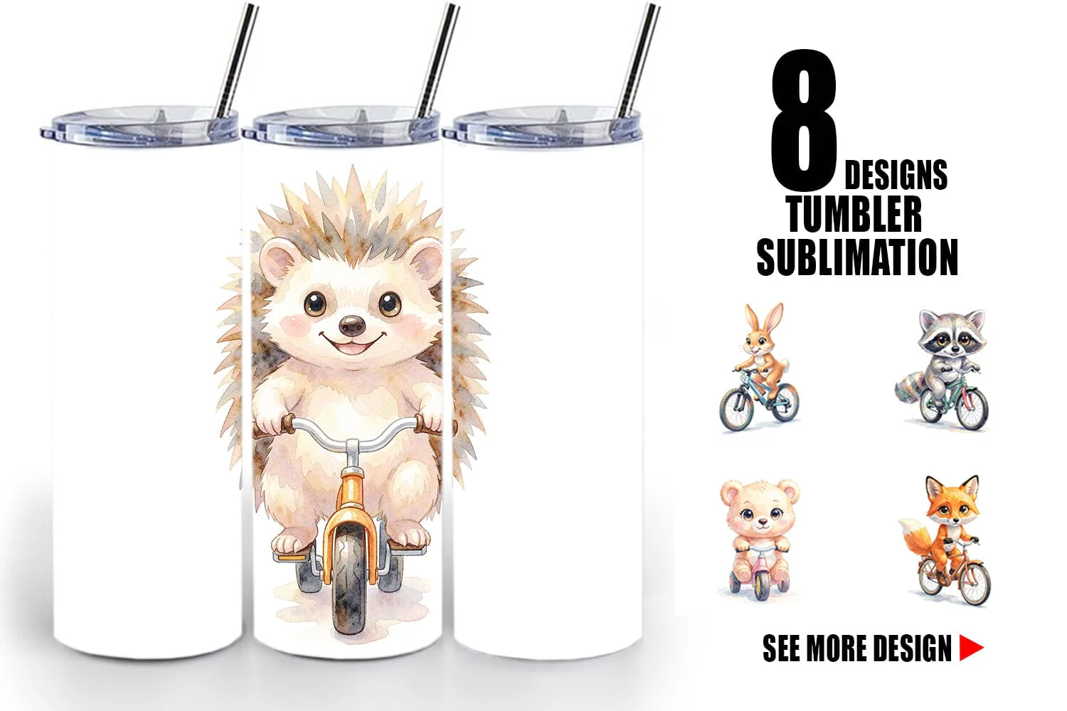 Tumbler Watercolor Big Eye Forest Friends Bike