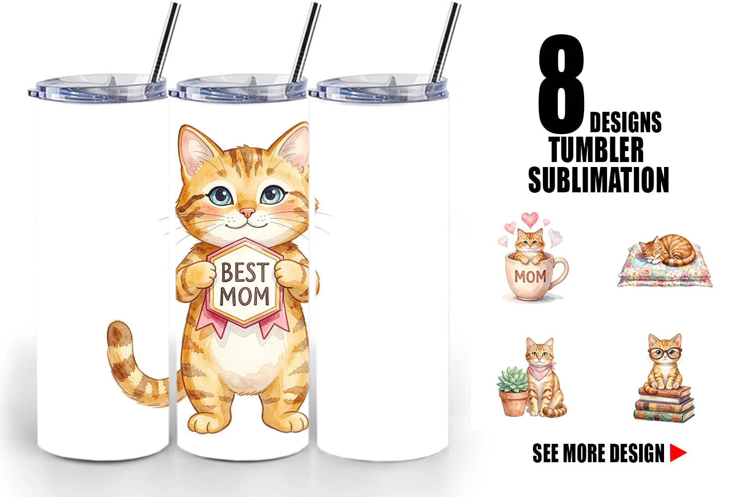 Tumbler Watercolor Cozy Cat Mom Lifestyle Art