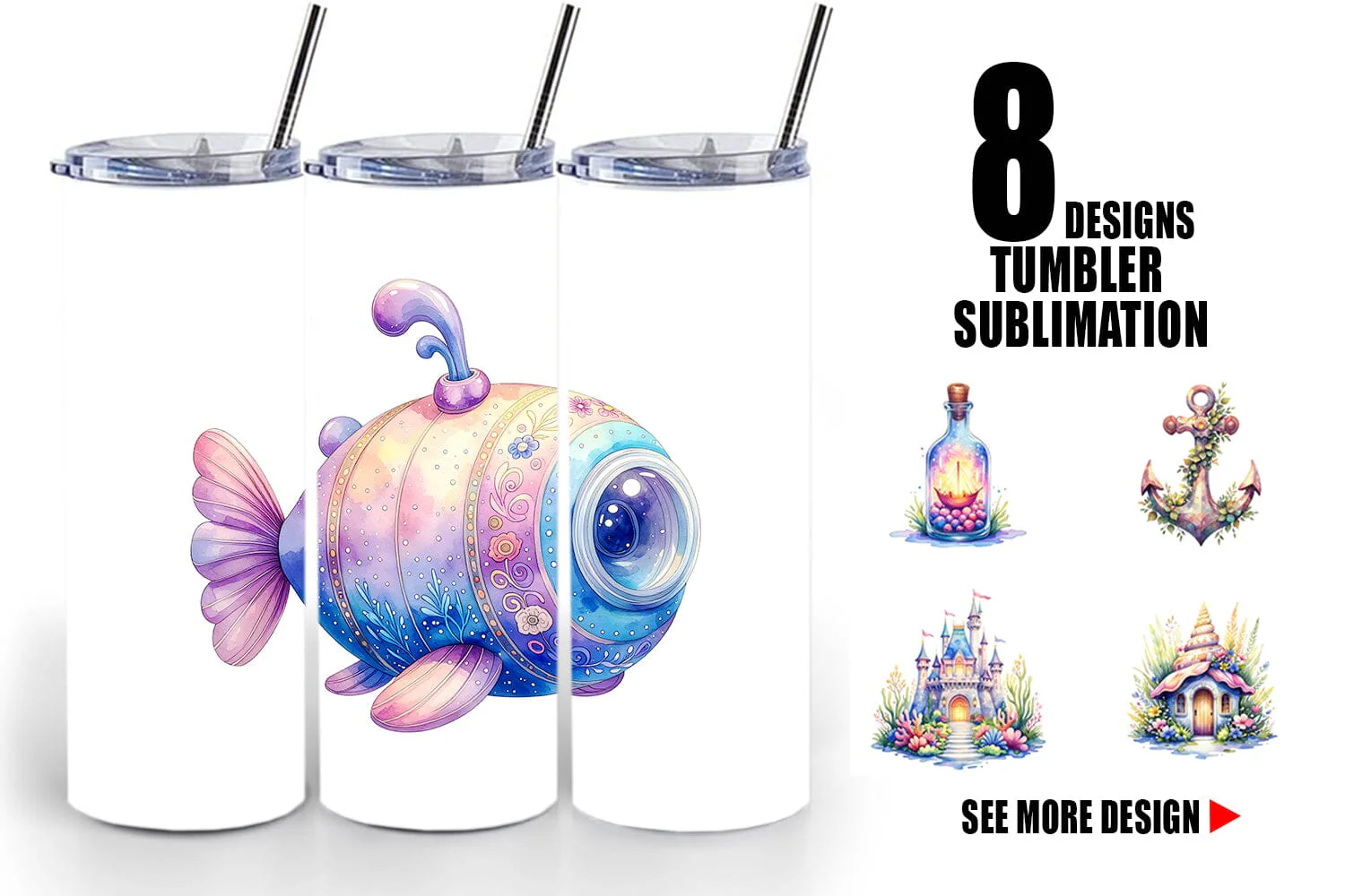 Tumbler Watercolor Cute Ocean Objects