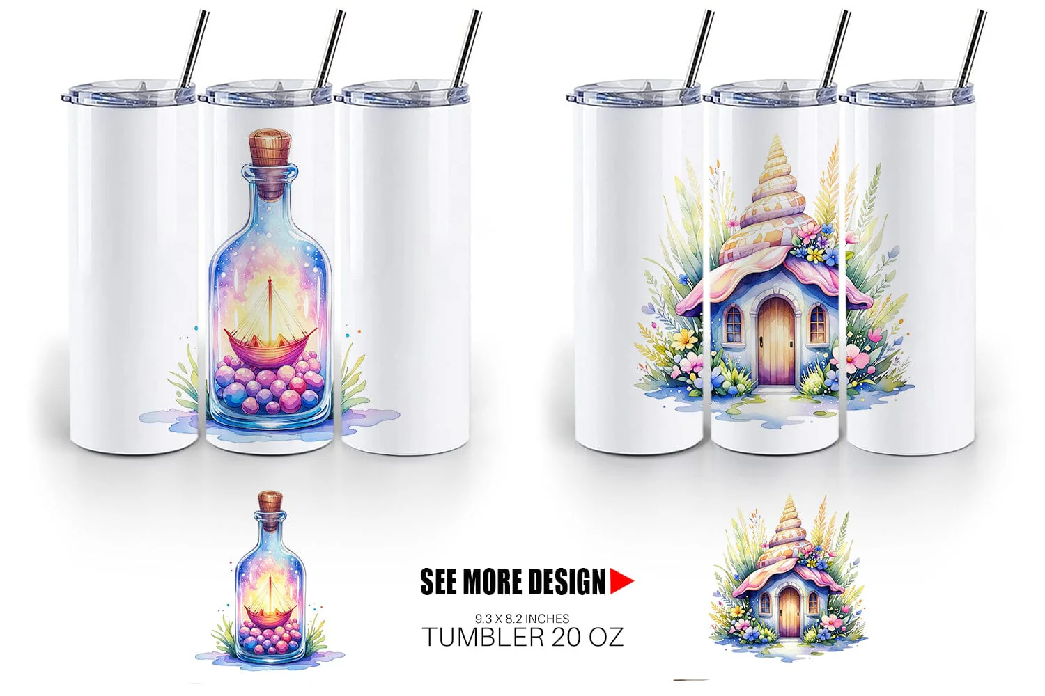 Tumbler Watercolor Cute Ocean Objects - Image 3