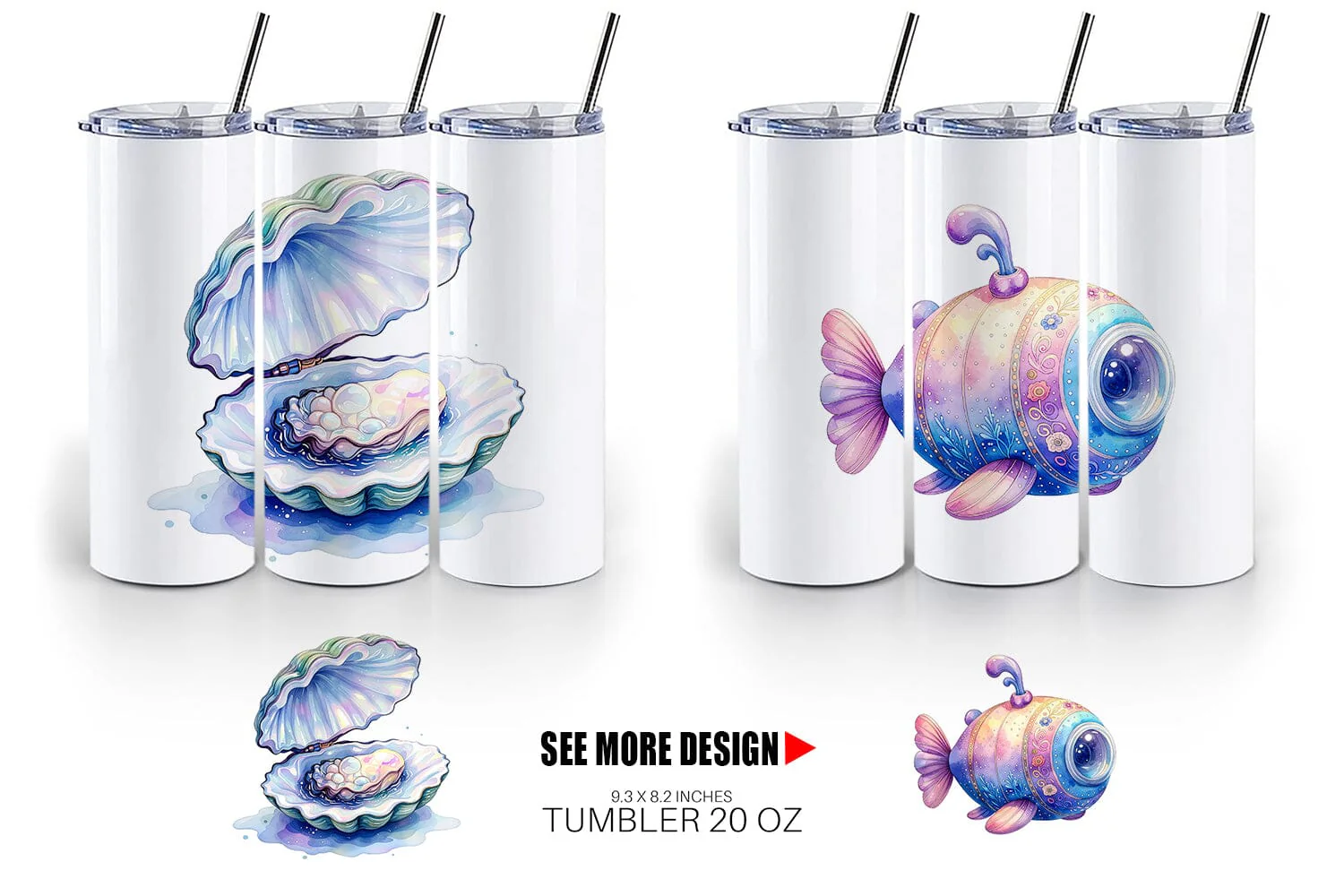 Tumbler Watercolor Cute Ocean Objects - Image 5