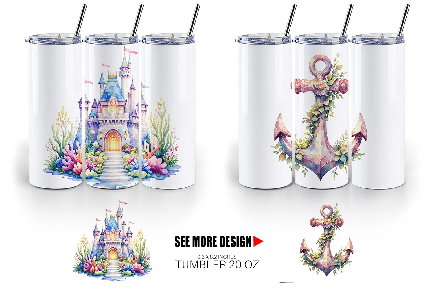 Tumbler Watercolor Cute Ocean Objects - Image 6