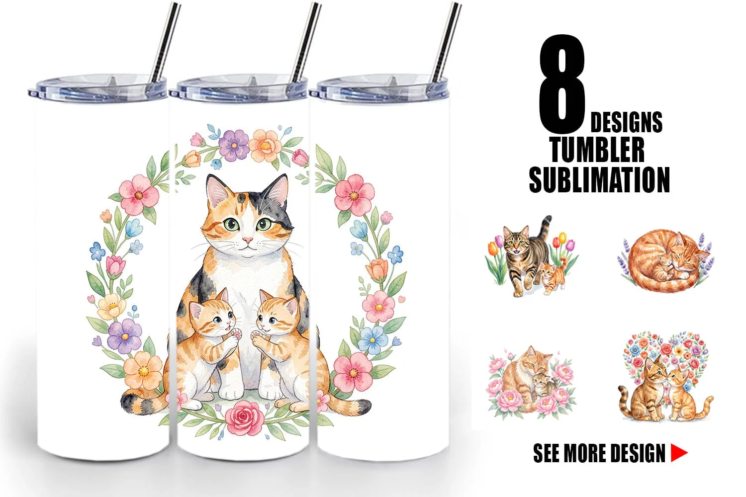 Tumbler Watercolor Floral Cat Motherhood Art