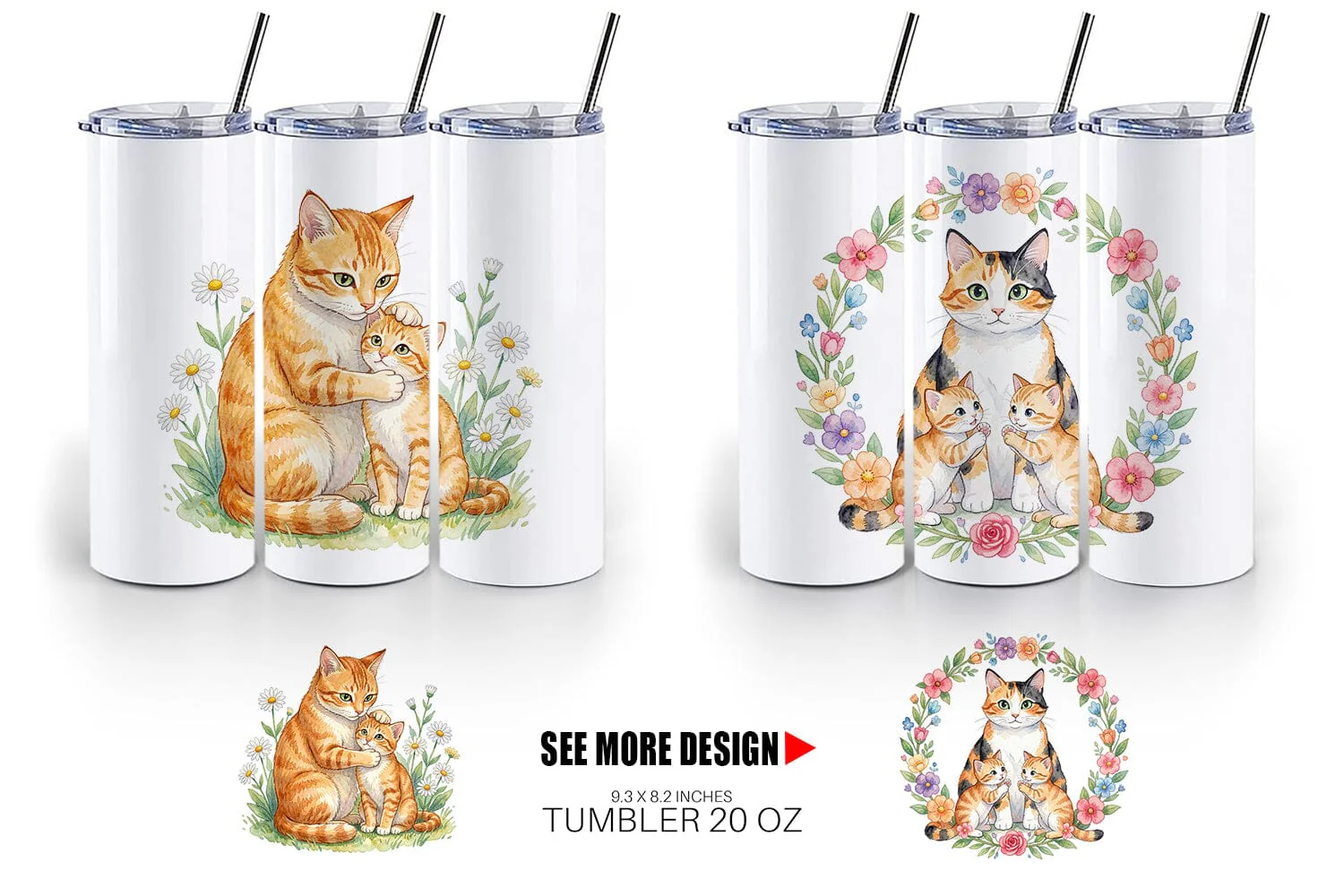 Tumbler Watercolor Floral Cat Motherhood Art - Image 5
