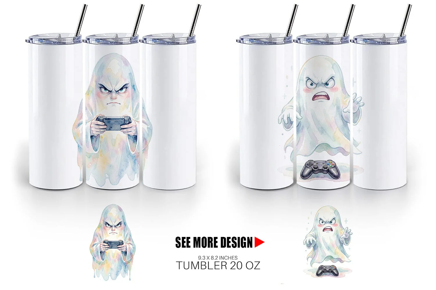 Tumbler Watercolor Funny Grumpy Gamer Ghost - Image 4