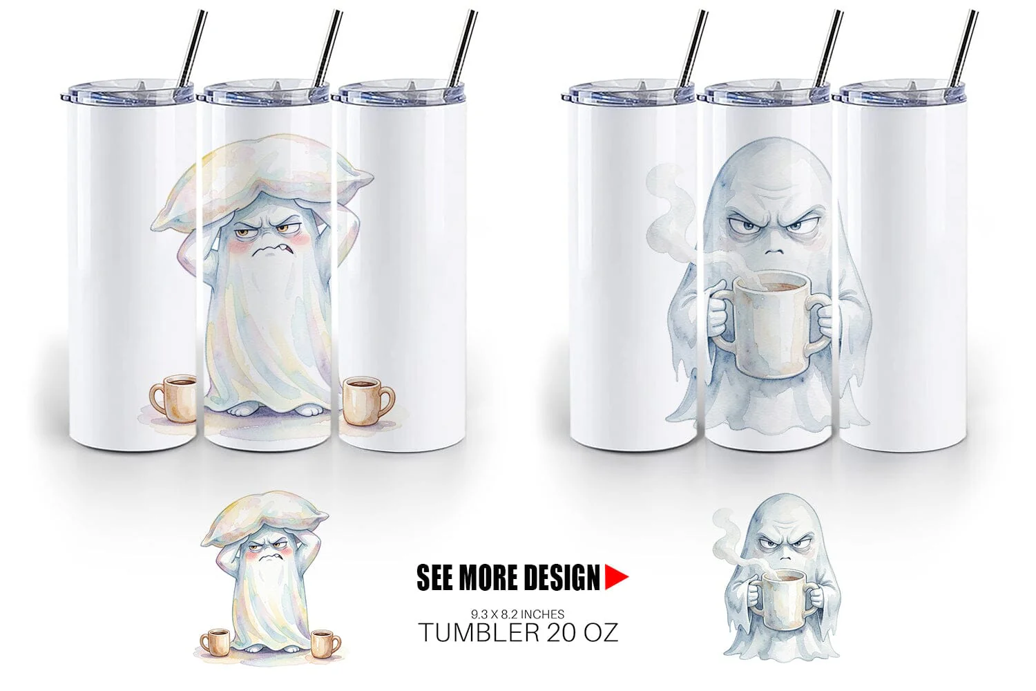 Tumbler Watercolor Funny Grumpy Morning Ghost - Image 5