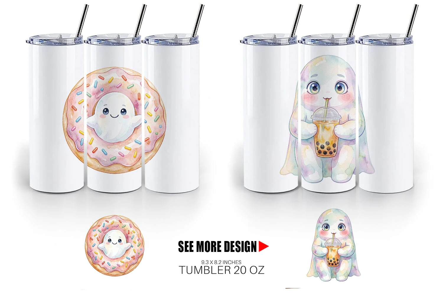 Tumbler Watercolor Funny Hungry Foodie Ghost - Image 3