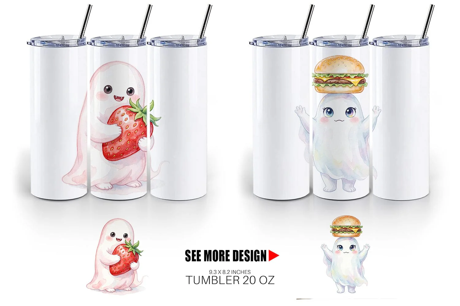 Tumbler Watercolor Funny Hungry Foodie Ghost - Image 6