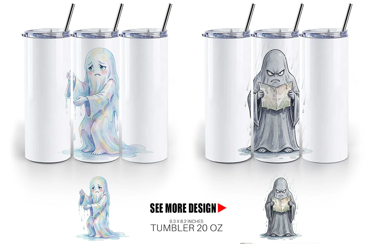 Tumbler Watercolor Grumpy Rainy Day Ghost Art - Image 6