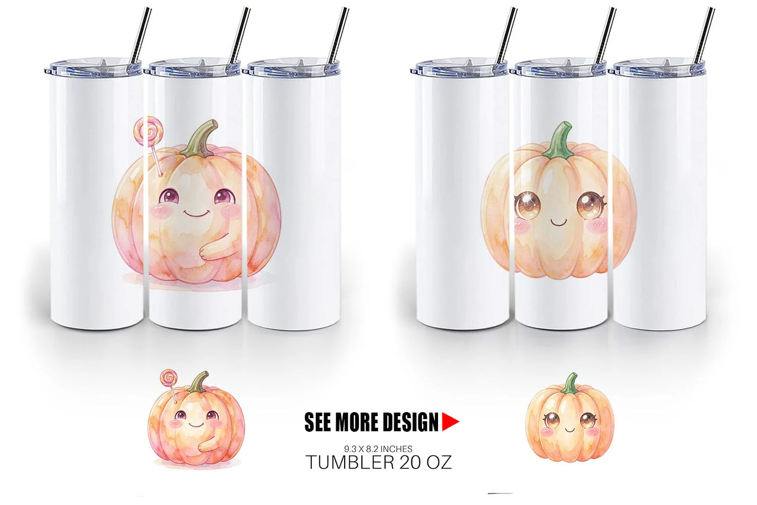 Tumbler Watercolor Kawaii Cute Pastel Pumpkin - Image 3