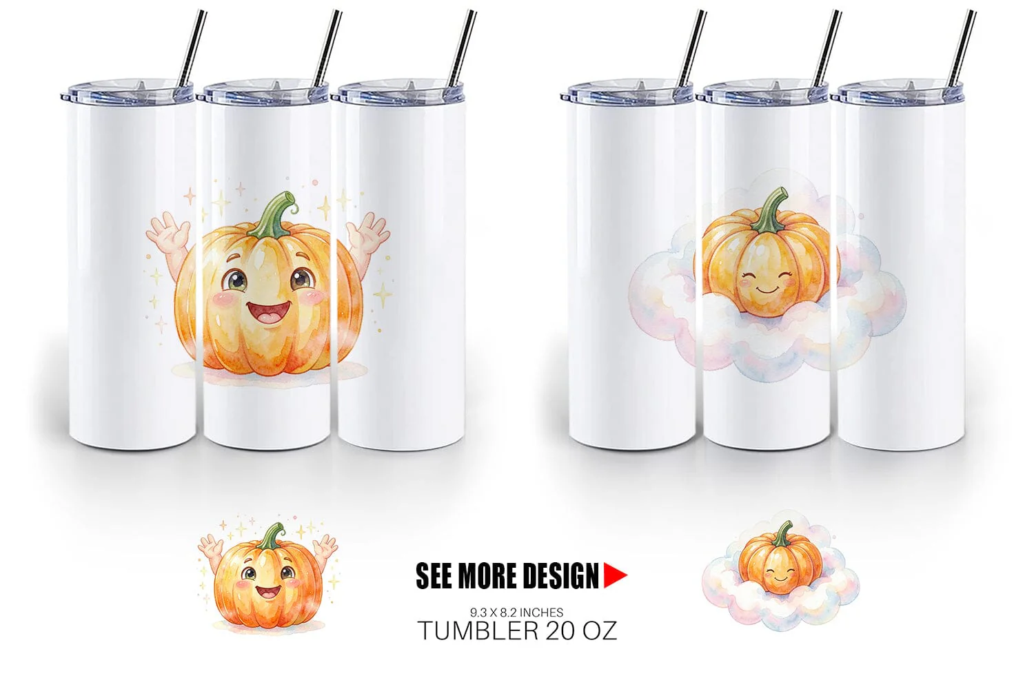 Tumbler Watercolor Kawaii Cute Pastel Pumpkin - Image 5