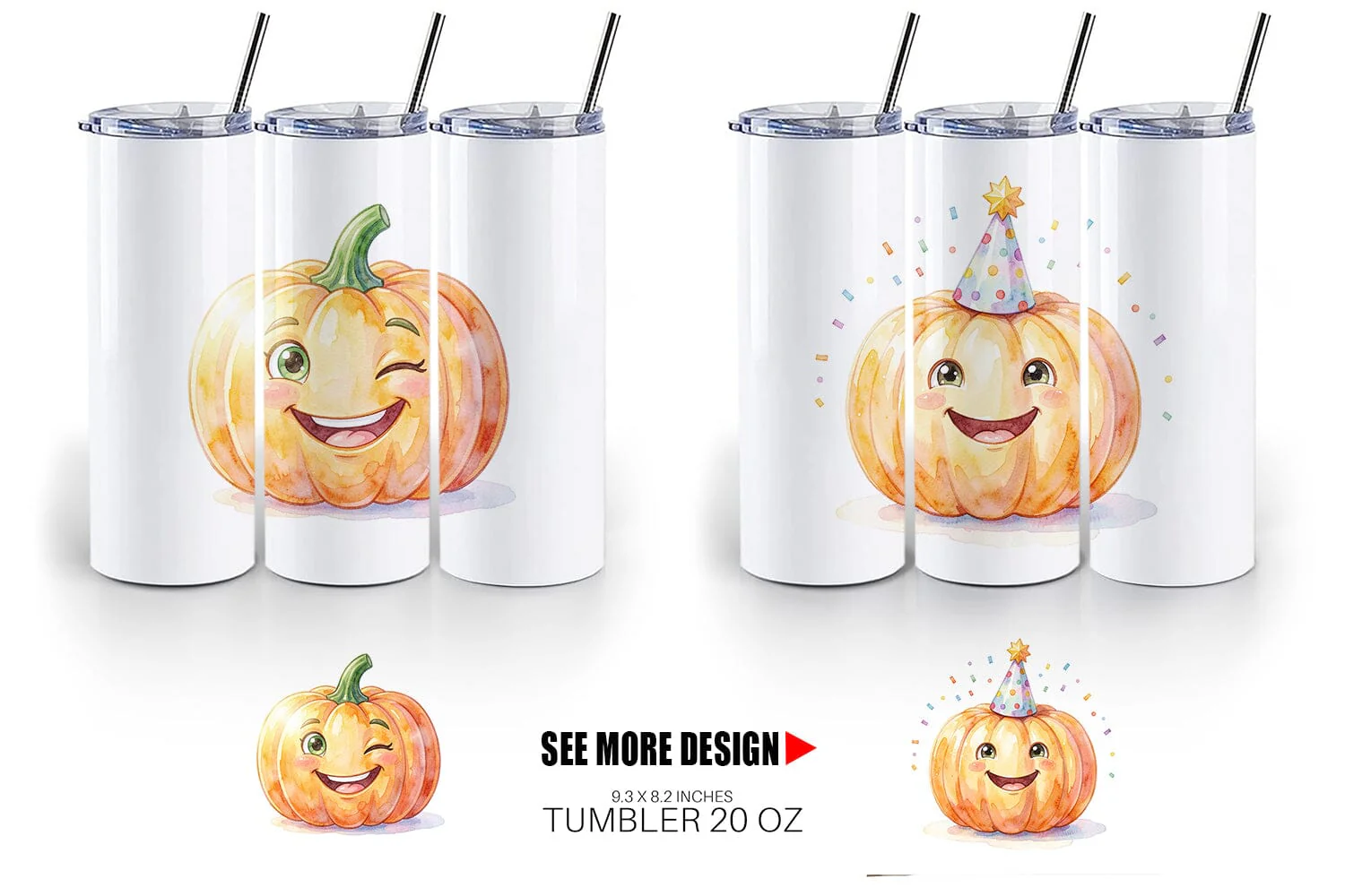 Tumbler Watercolor Kawaii Cute Pastel Pumpkin - Image 6