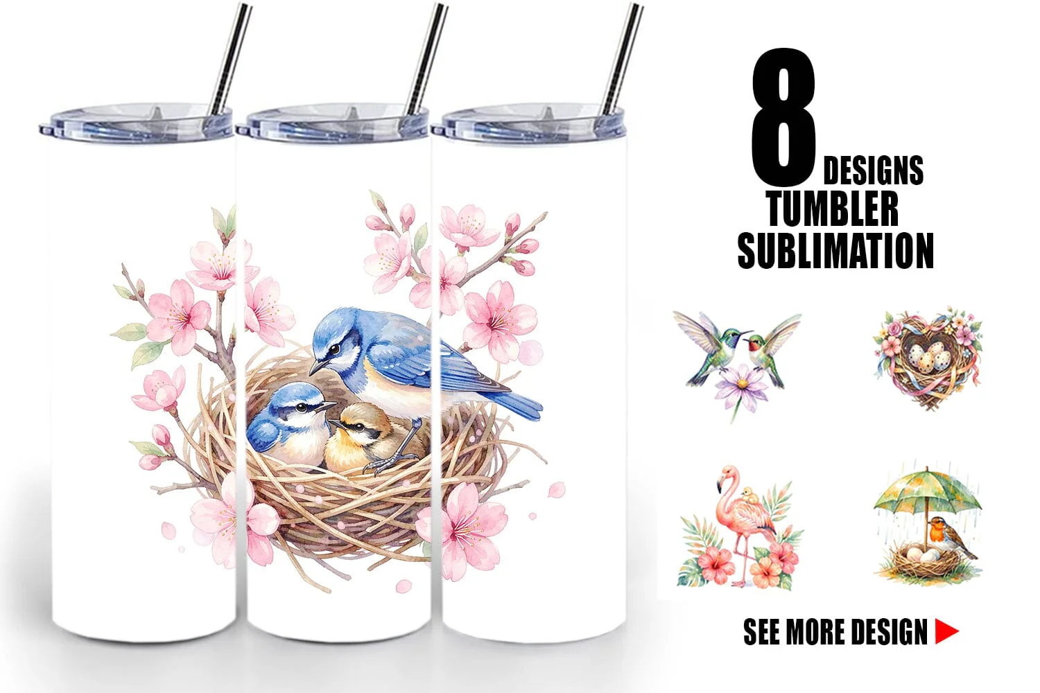 Tumbler Watercolor Mama Bird And Floral Nest Art