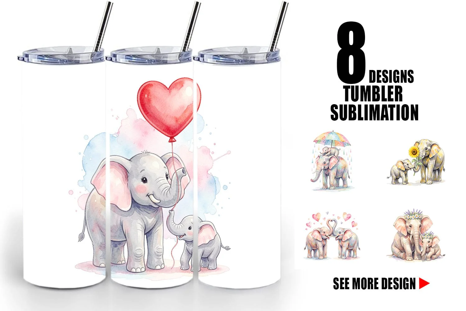 Tumbler Watercolor Mom And Baby Elephant Love Art