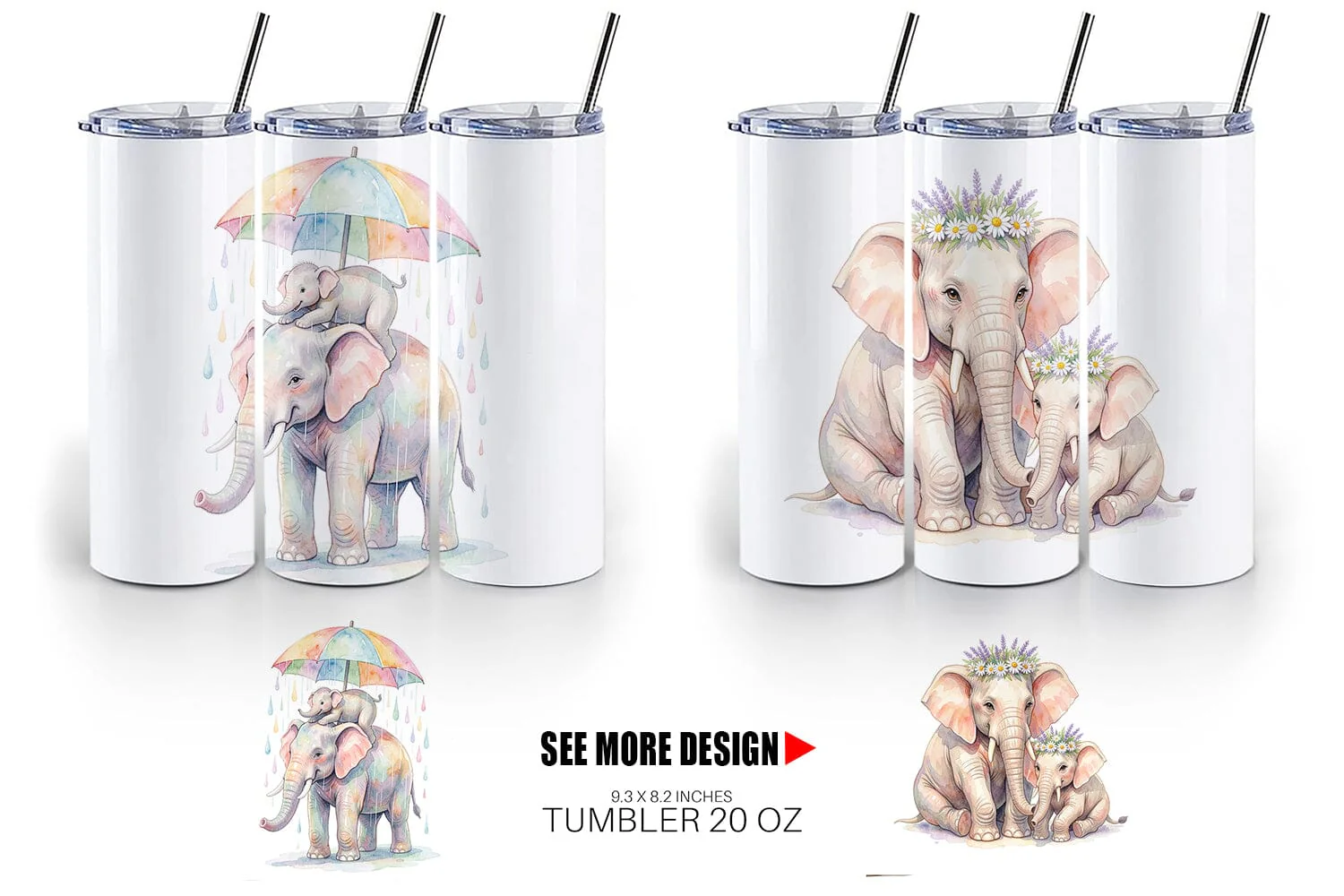 Tumbler Watercolor Mom And Baby Elephant Love Art - Image 3