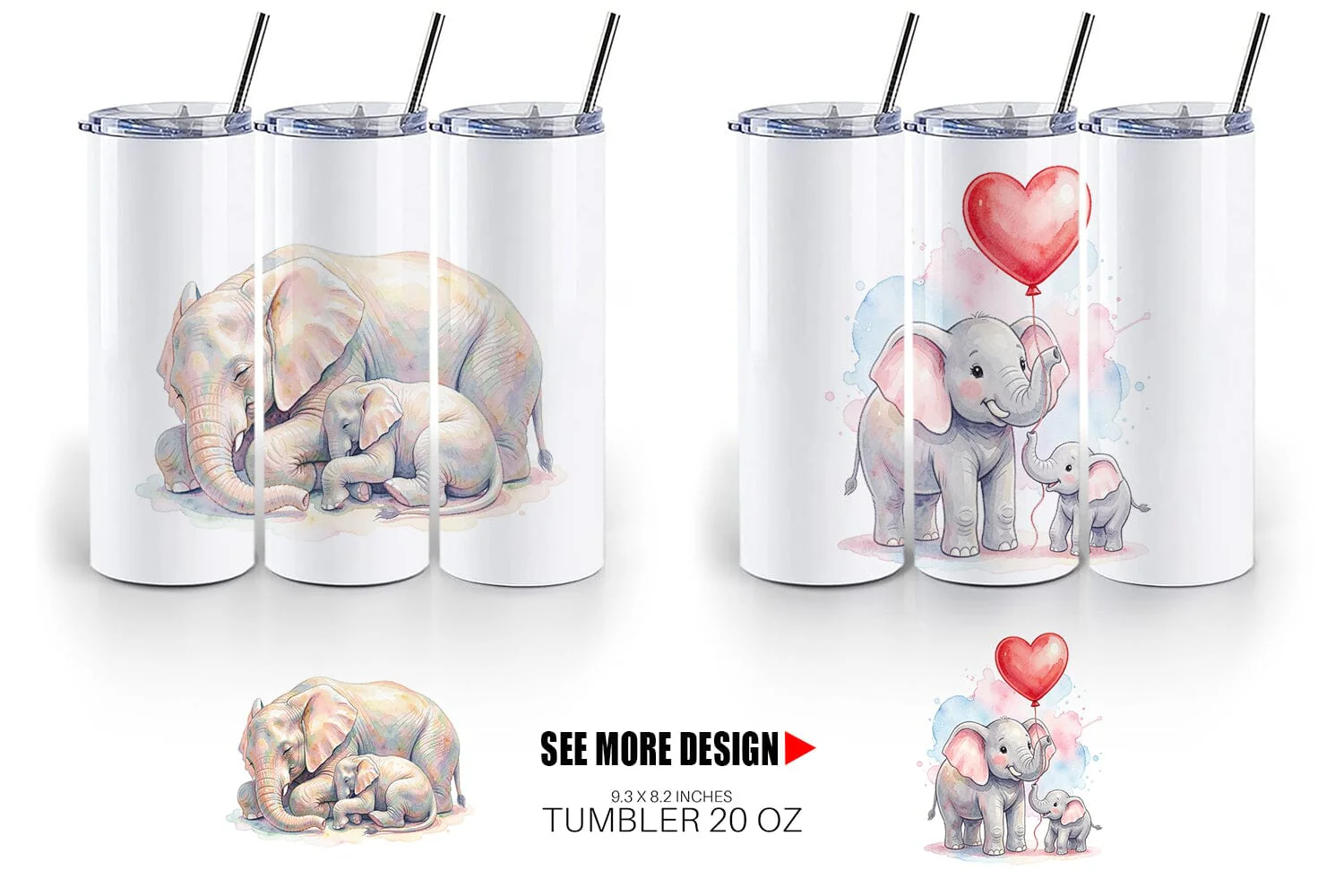 Tumbler Watercolor Mom And Baby Elephant Love Art - Image 5