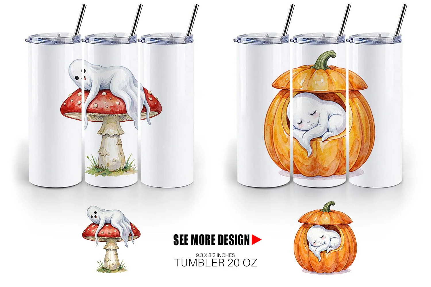 Tumbler Watercolor Sleepy Autumn Pumpkin Ghost - Image 5