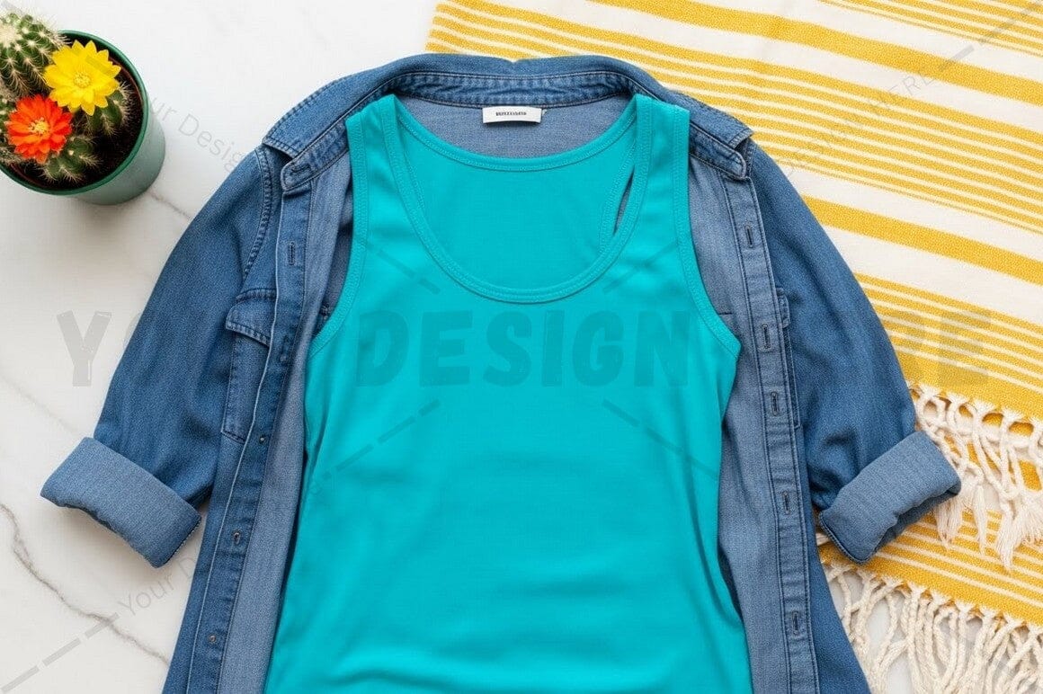 Turquoise t-shirt mockup with denim jacket