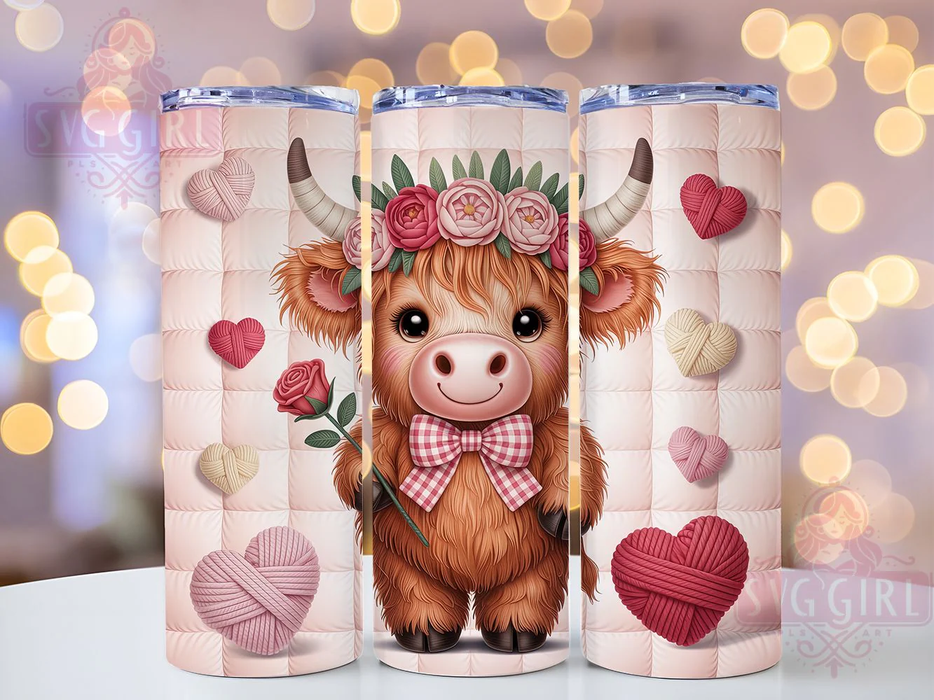 Valentine Highland Cow Tumbler Wrap, Faux Yarn, Highland Cow, Cute Design, Rustic Style, Tumbler Wrap, Sublimation Design