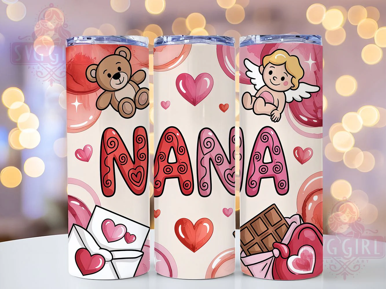 Valentine Nana Coquette Tumbler, Valentine Design, Coquette Style, Sweet Hearts, Elegant Love, 20Oz Tumbler, Sublimation Wrap