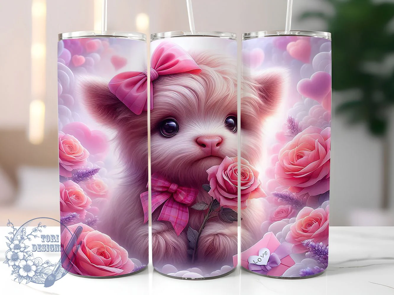 Valentine Pink Highland Cow Tumbler, Highland Cow, Pink Cow, Romantic Design, Cute Farm Style, 20Oz Tumbler, Sublimation Wrap