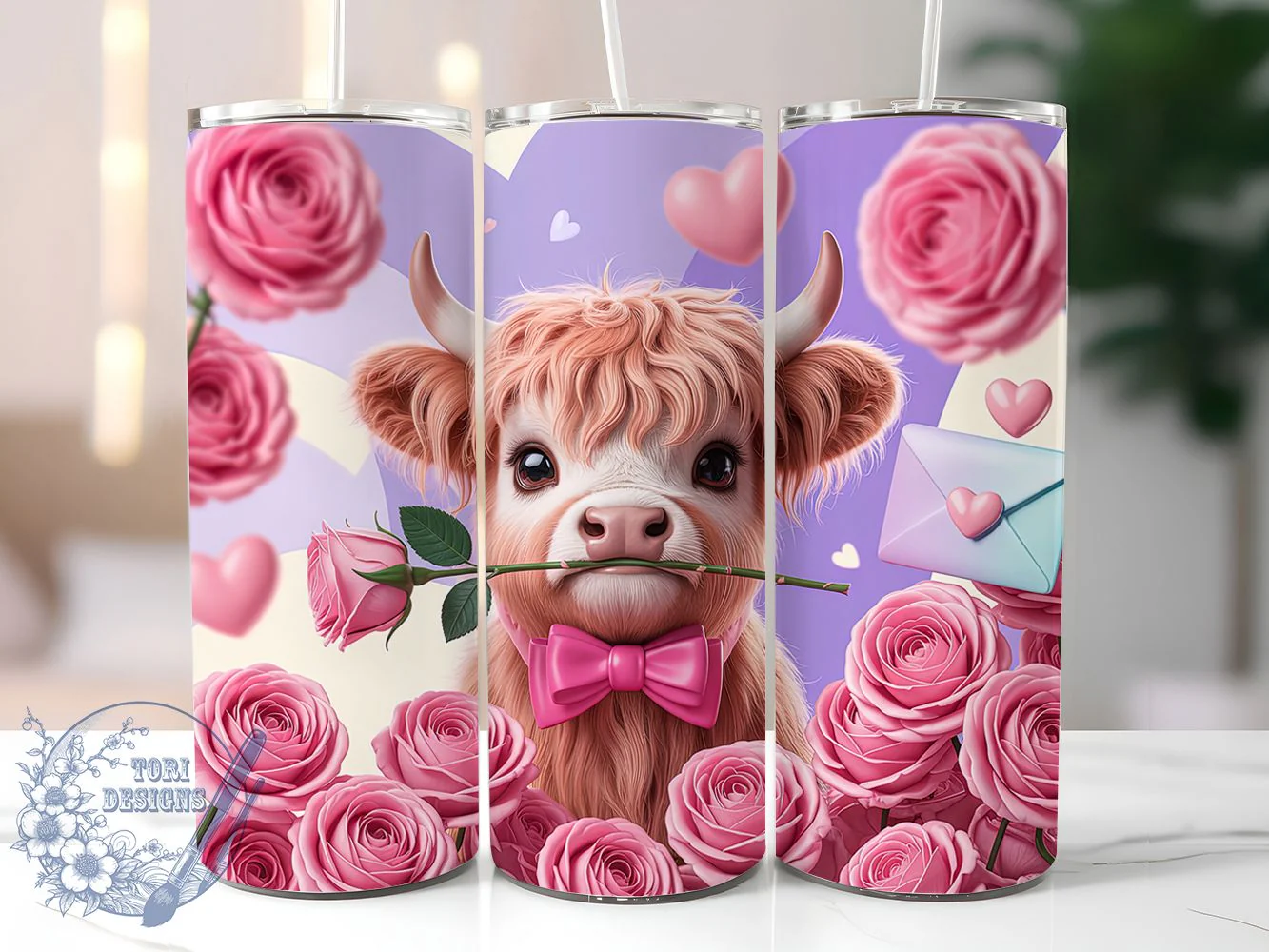 Valentine Pink Highland Cow Tumbler, Highland Cow, Pink Cow, Romantic Design, Cute Farm Style, 20Oz Tumbler, Sublimation Wrap