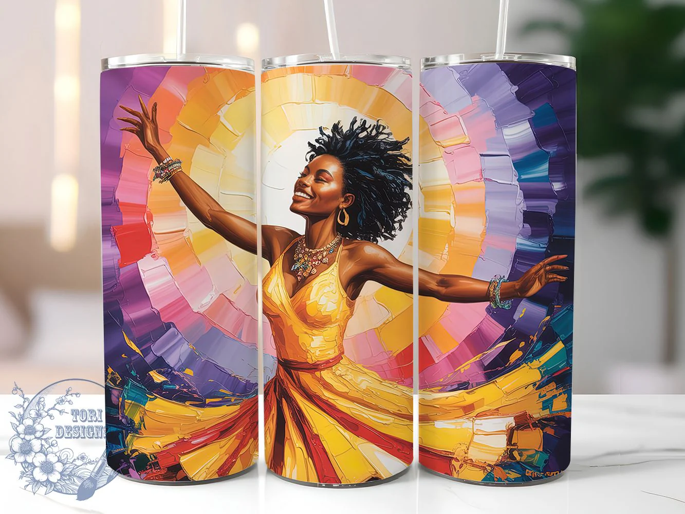 Vibrant Dancing Woman Tumbler, Vibrant Artistic Theme, Seamless Boho Wrap, Colorful Movement Design, Energetic Chic Style, Artistic Feminine Motif, Bold Modern Print, 20Oz Tumbler, Sublimation