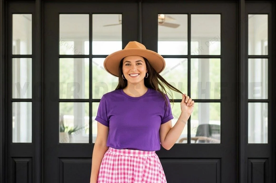 Vibrant purple t-shirt with checkered skirt and wide-brim hat