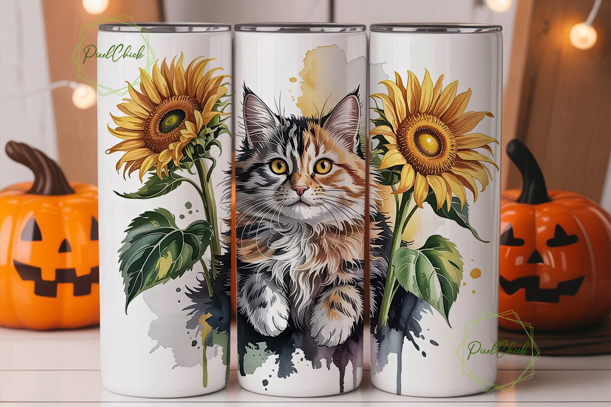 Watercolor Cat & Sunflower Tumbler Wrap - Image 3