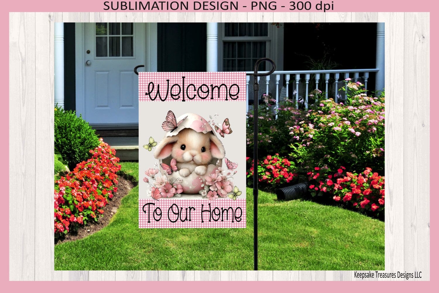 Welcome To Our Home Bunny Garden Flag PNG, Easter Bunny Decor, Spring Garden Flag Digital Download - Image 3